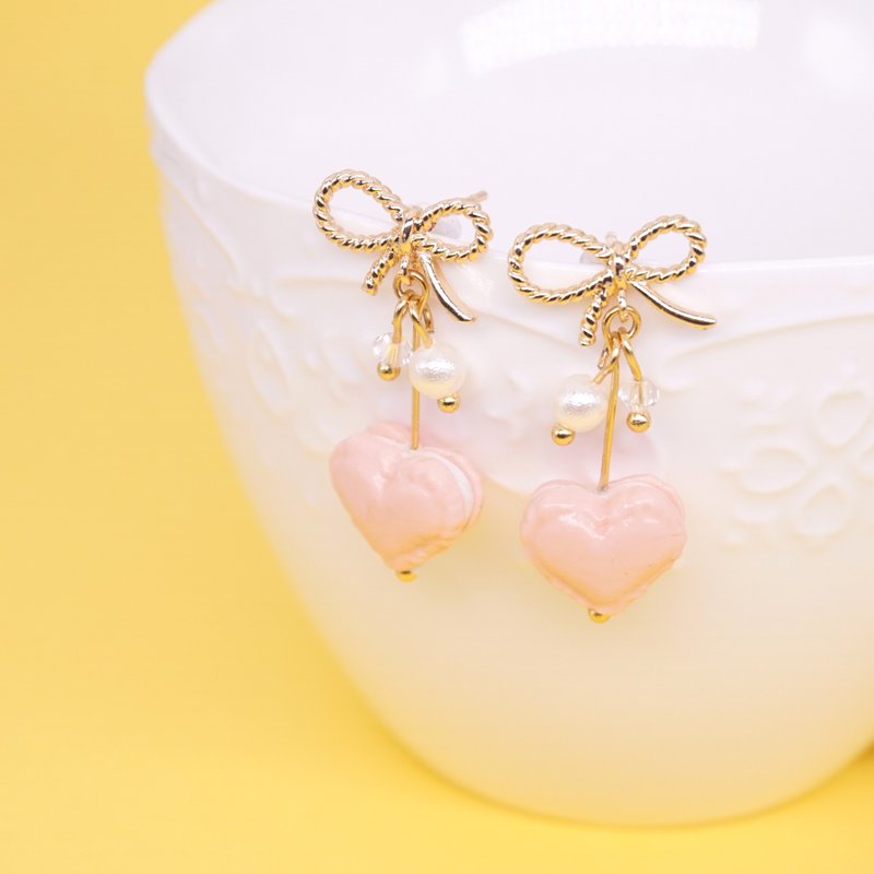 *Playful Design* Heart Shape Macaron Drop Earrings - Earrings & Clip-ons - Clay Pink