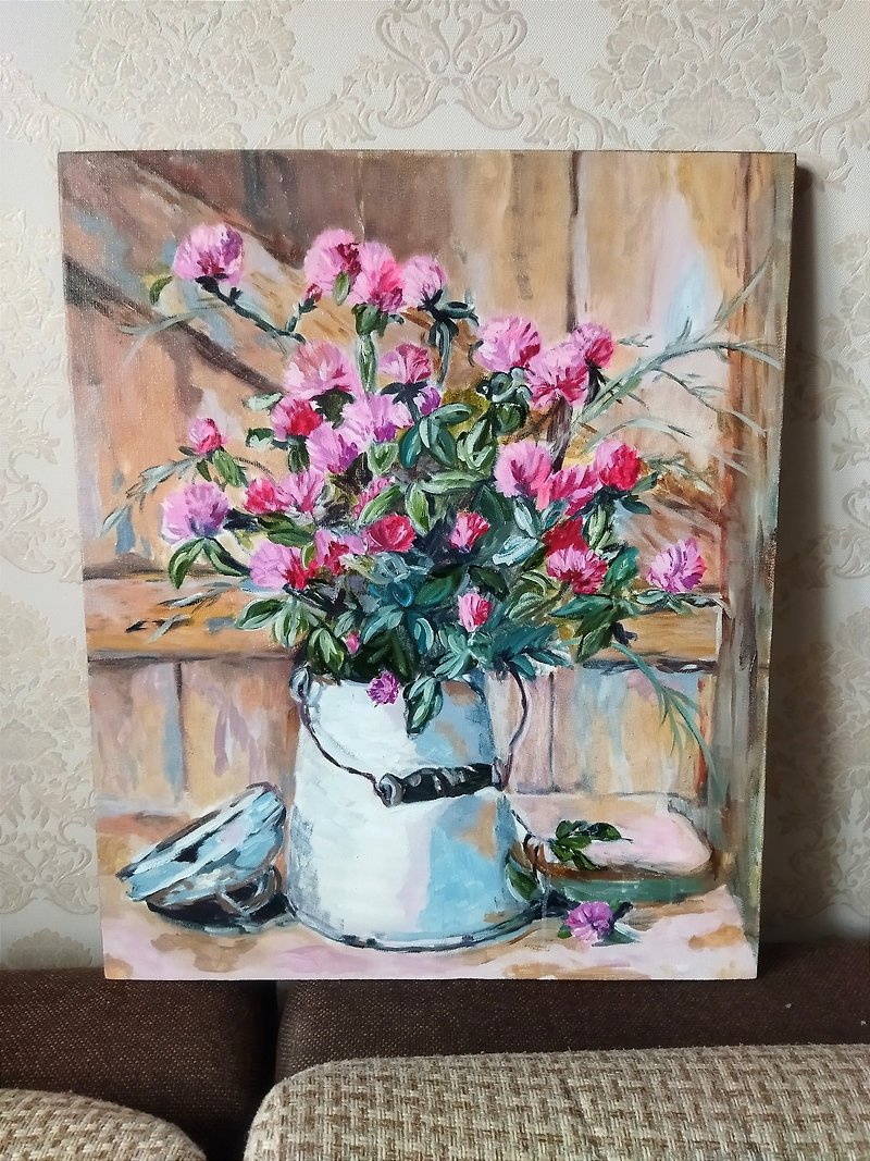 Original oil painting on canvas, still life with clover - Posters - Cotton & Hemp Pink