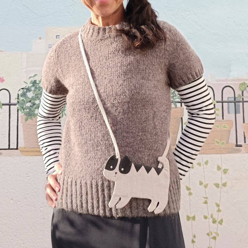 貓咪亞麻小錢包：迷你包，可收納零錢、卡片或鑰匙 - 手袋/手提包 - 亞麻 灰色