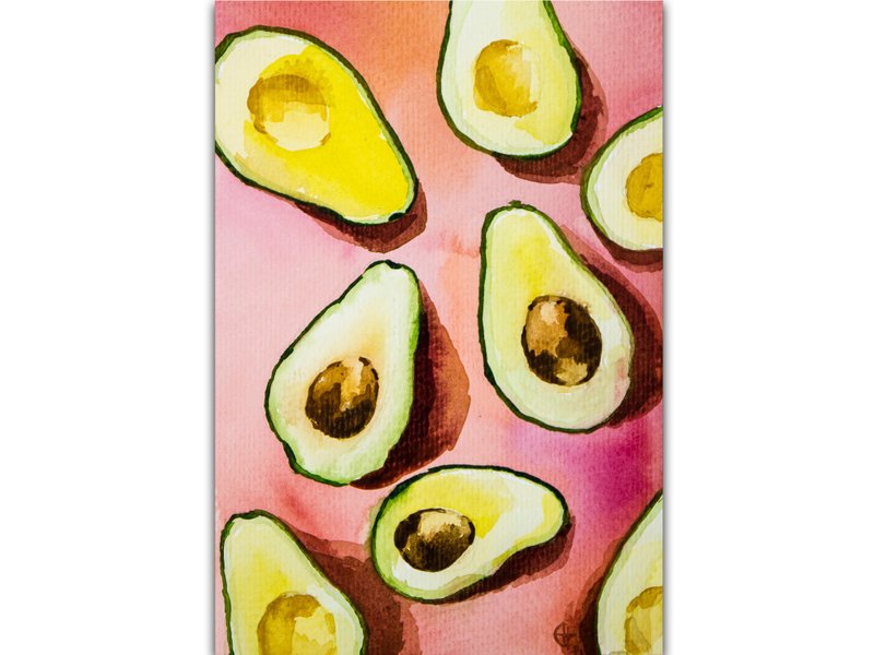 Avocado Painting Kitchen Food Still Life Original Art Fruit Watercolor Painting - 海報/掛畫/掛布 - 紙 粉紅色