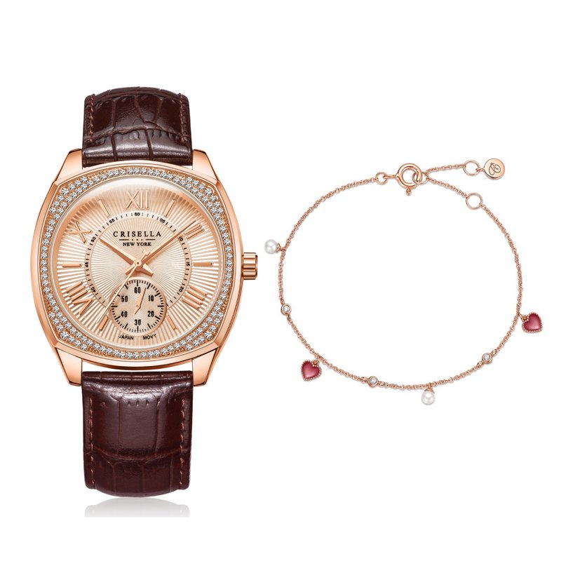 Modern Stylish Leather Watch with Little Pearl Heart Bracelet Set - นาฬิกาผู้หญิง - โลหะ หลากหลายสี