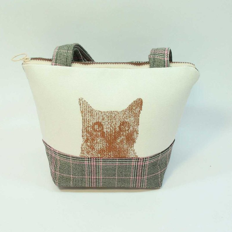 Embroidery small cat tote bag 01- - กระเป๋าถือ - ผ้าฝ้าย/ผ้าลินิน สีดำ
