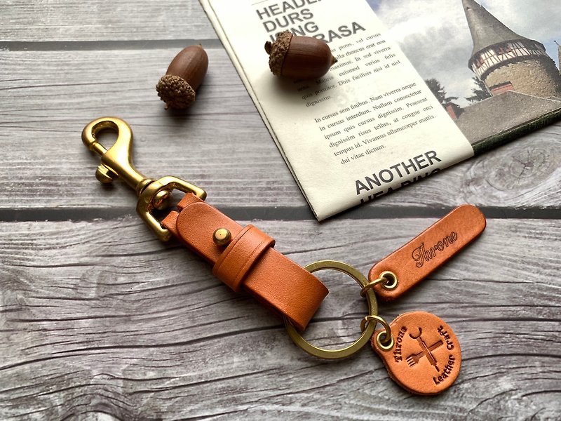 Leather Key Ring Pure Bronze Key Ring [Free Laser Engraving] Birthday Gift Valentine’s Day Gift - Keychains - Genuine Leather Orange