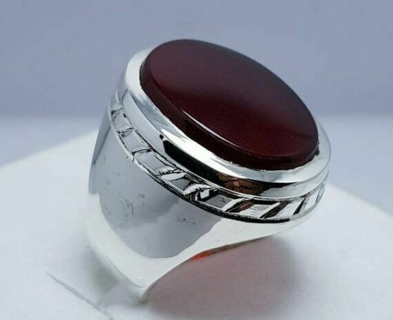 Yemeni Aqeeq Ring Yamni Akk Agate Bague Sterling Silver Mens Handmade Jewellery - แหวนทั่วไป - เครื่องเพชรพลอย สีแดง