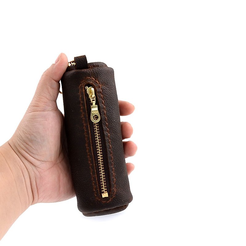 (U6.JP6 Handmade Leather Goods) Hand-made pure hand-sewn / straight zipper coin purse / multi-function purse - กระเป๋าใส่เหรียญ - หนังแท้ สีนำ้ตาล