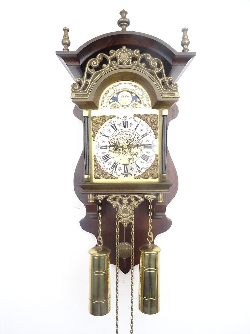 木頭 時鐘/鬧鐘 咖啡色 - Antique Vintage Dutch Wall Clock Warmink Wuba Sallander Moonphase 8 day