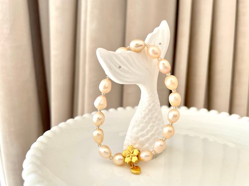Athena珍珠設計 桃花 天然淡水珍珠 橘色珍珠 S925銀 彈力 手鏈