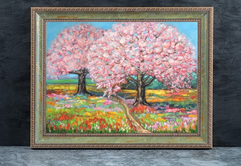 Flowering trees in spring landscape oil painting impasto large size wall décor - 壁貼/牆壁裝飾 - 其他材質 多色