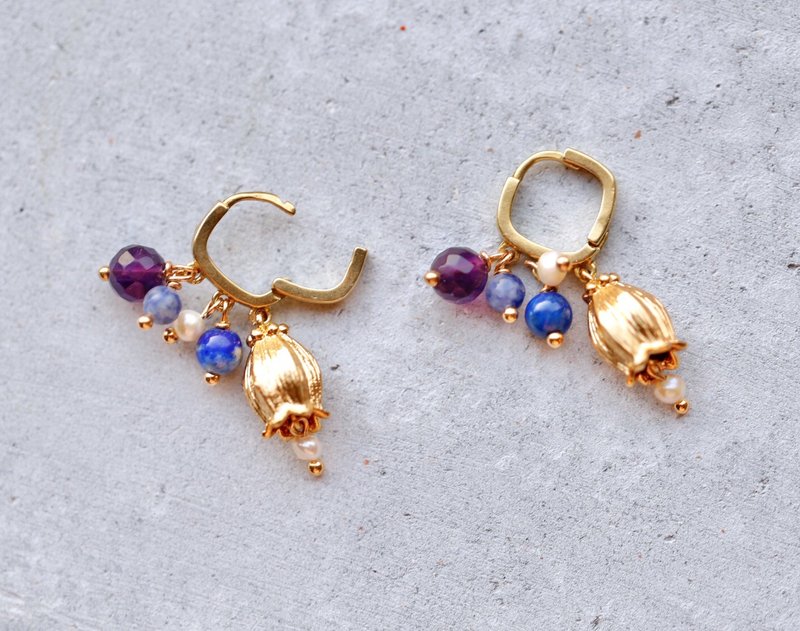 || || lily of the valley flowers Amethyst / Lapis / freshwater pearls / soda Stone/ Bronze earrings cute - Earrings & Clip-ons - Crystal Gold