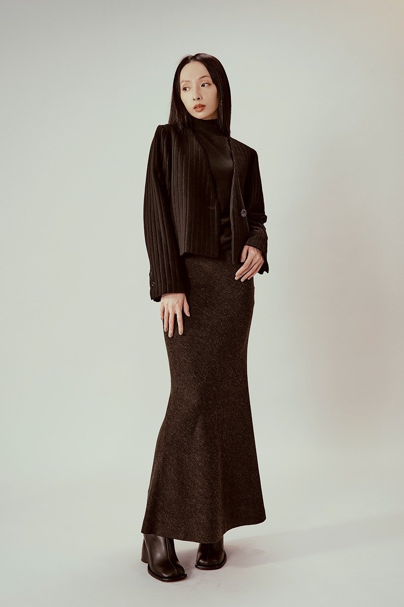 Dark Gray Fishtail Dress - กระโปรง - ขนแกะ ขาว