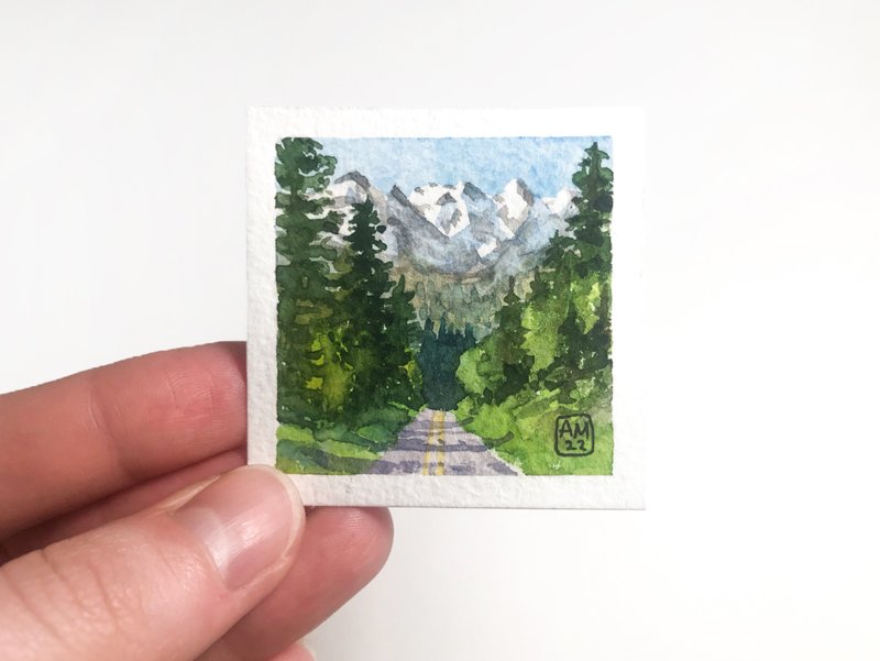 Original tiny watercolor painting Mountains art Small wall art 2 x 2 inches - ตกแต่งผนัง - กระดาษ สีเขียว