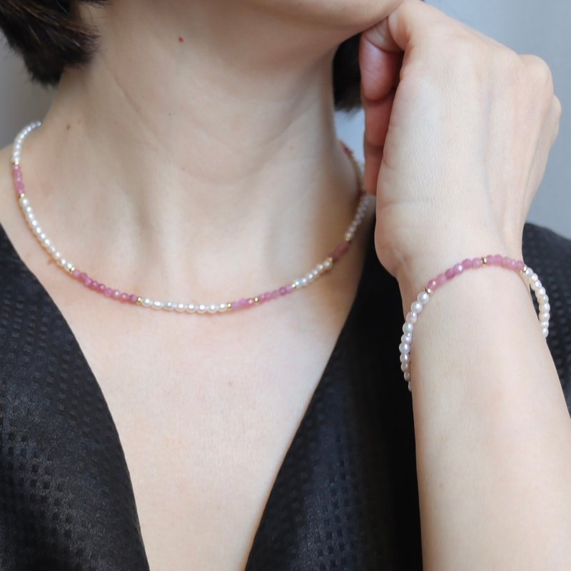 Summer Rose Pearl Tourmaline Necklace + Bracelet Natural Freshwater Baroque Pearl Necklace - สร้อยคอ - ไข่มุก 