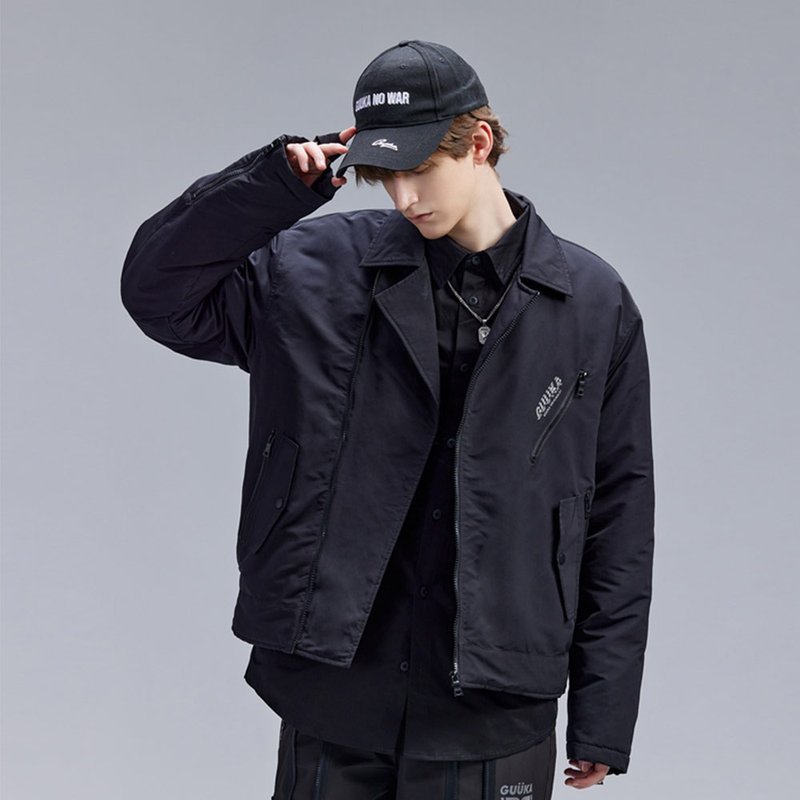 Black cotton-padded clothes function wind pocket more reflective coat in winter - เสื้อโค้ทผู้ชาย - เส้นใยสังเคราะห์ สีดำ