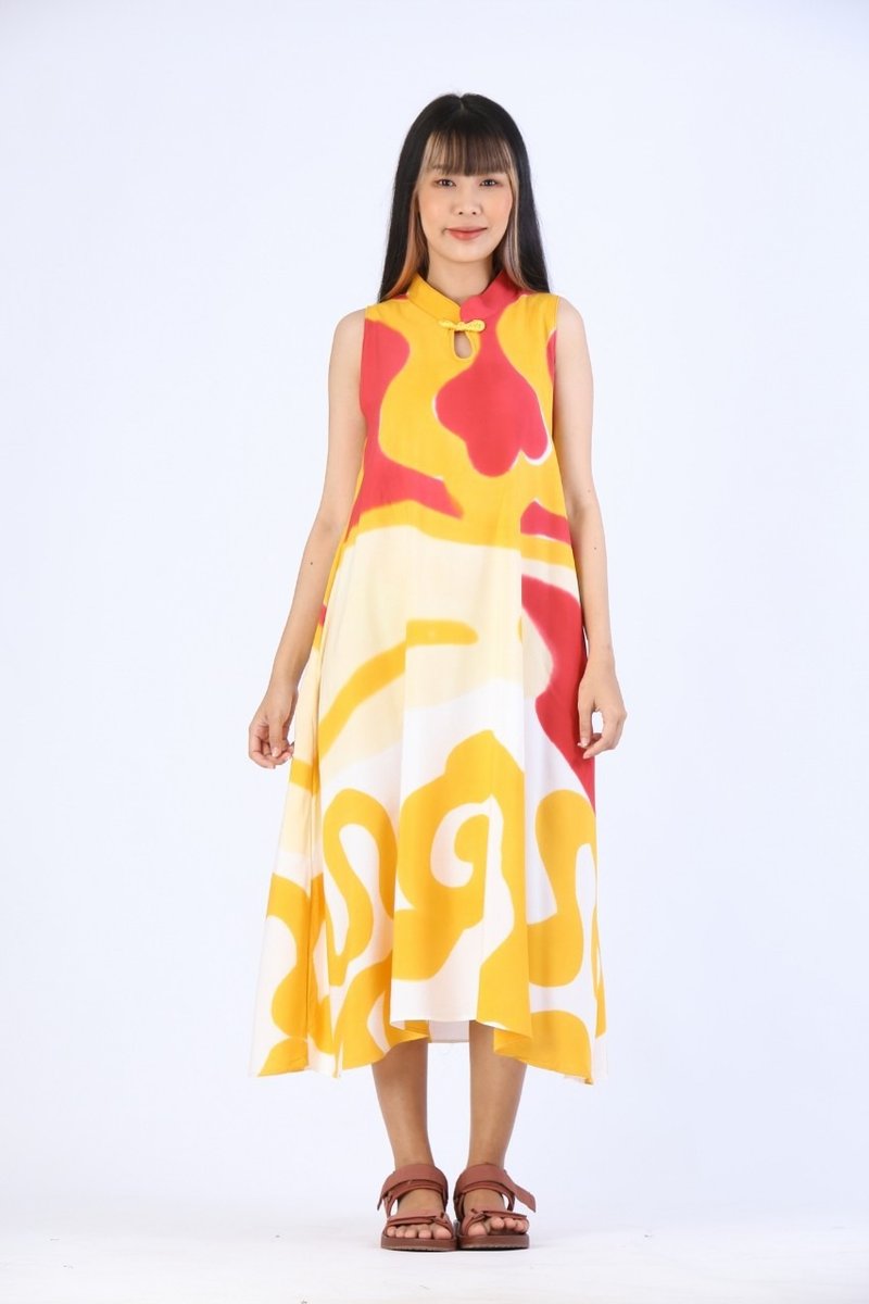 Dress Chinese Style Hand Paint Soft Cotton Rayon - 洋裝/連身裙 - 棉．麻 紅色