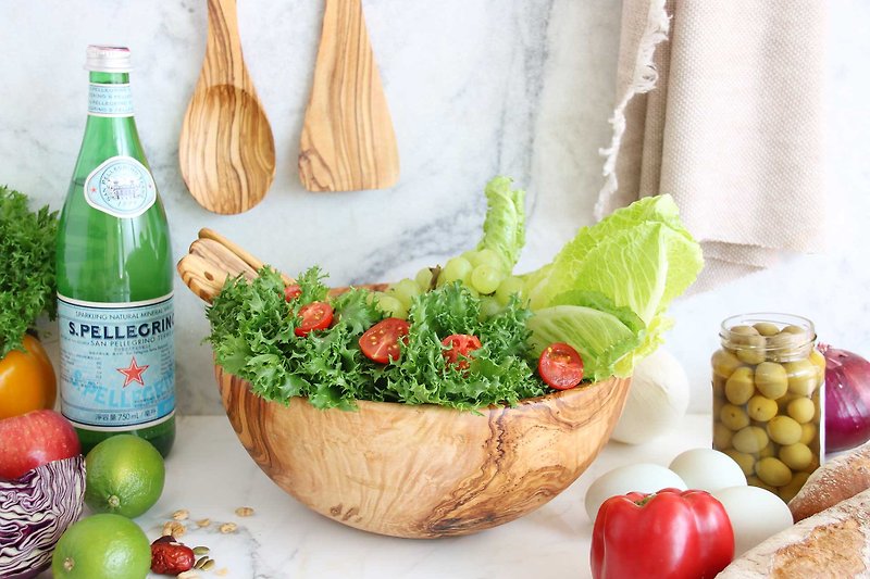 Whole Olive Wood Classic Salad Bowl One-Piece - 26cm Extra Large - Cooking Rack / Tub - ถ้วยชาม - ไม้ สีนำ้ตาล