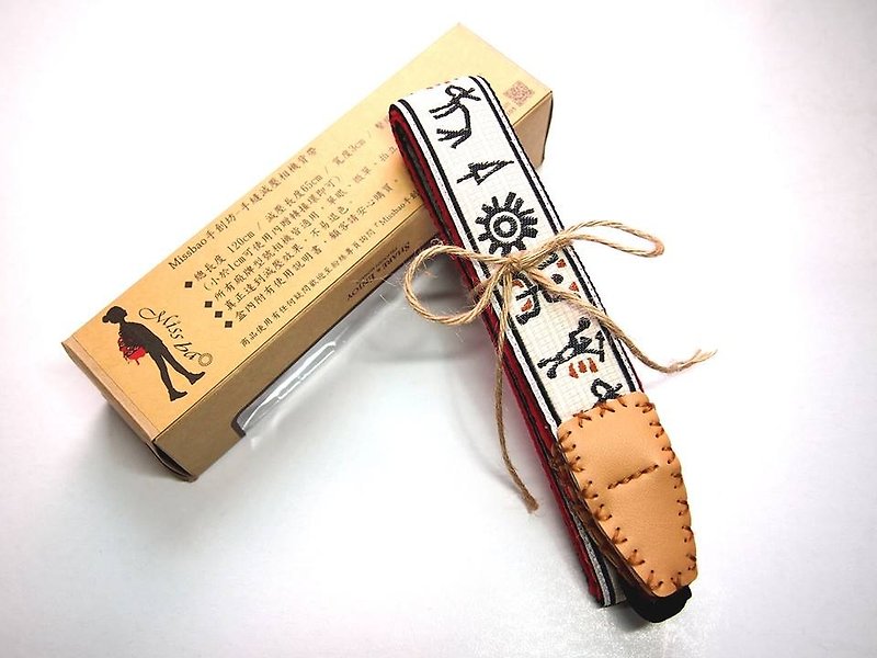 【Missbao手創坊】台灣原住民手縫減壓相機背帶 - 菲林/即影即有相機 - 棉．麻 白色