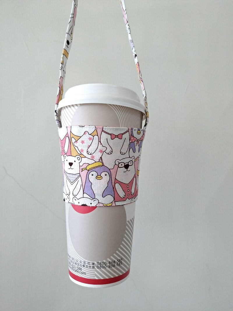 Beverage Cup Cover Environmental Protection Cup Cover Hand Beverage Bag Coffee Bag Tote Bag - Penguin and Polar Bear Pink - ถุงใส่กระติกนำ้ - ผ้าฝ้าย/ผ้าลินิน 