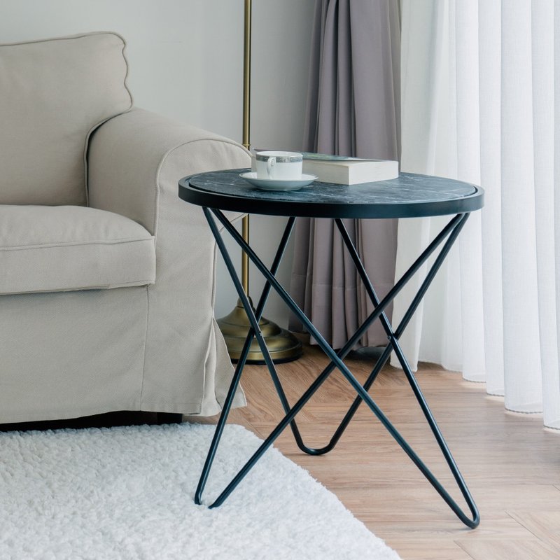 【Sim'n Coz】Textured Marble Pattern Round Side Table/Coffee Table (Black/White) - Other Furniture - Wood White