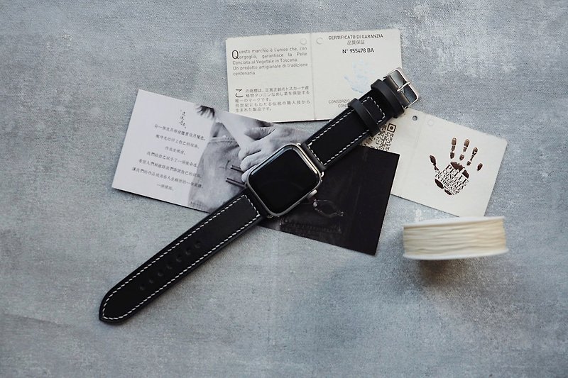 純手工牛皮黑色蘋果Applewatch錶帶 客製化刻字禮物 訂製顏色 - 錶帶 - 真皮 黑色