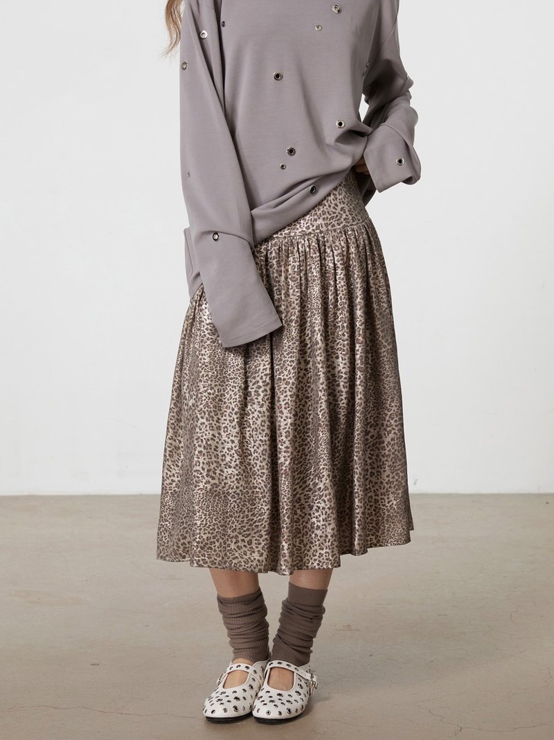 Soft cold gold exquisite hot gold leopard pattern autumn and winter layered skirt - Skirts - Cotton & Hemp Gray