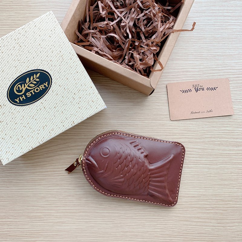 Leather card holder/leather Japanese style taiyaki double-layer loose paper bag/Japanese Silver bag with free engraving YH story - กระเป๋าสตางค์ - หนังแท้ 