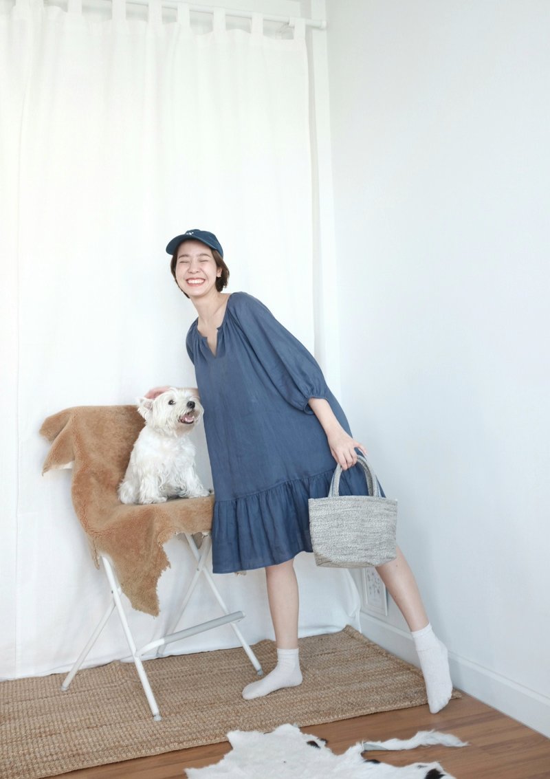 Blue indigo Coco linen summer dress Whiteoakfactory 裙子 亞麻連衣裙 夏天 - ชุดเดรส - ผ้าฝ้าย/ผ้าลินิน สีน้ำเงิน