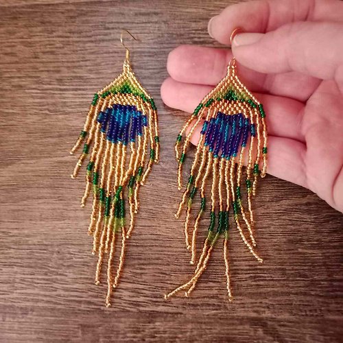 White Bird gallery of exquisite jewelry from Halyna Nalyvaiko Peacock seed bead earrings Bright beaded peacock fringe earrings for women