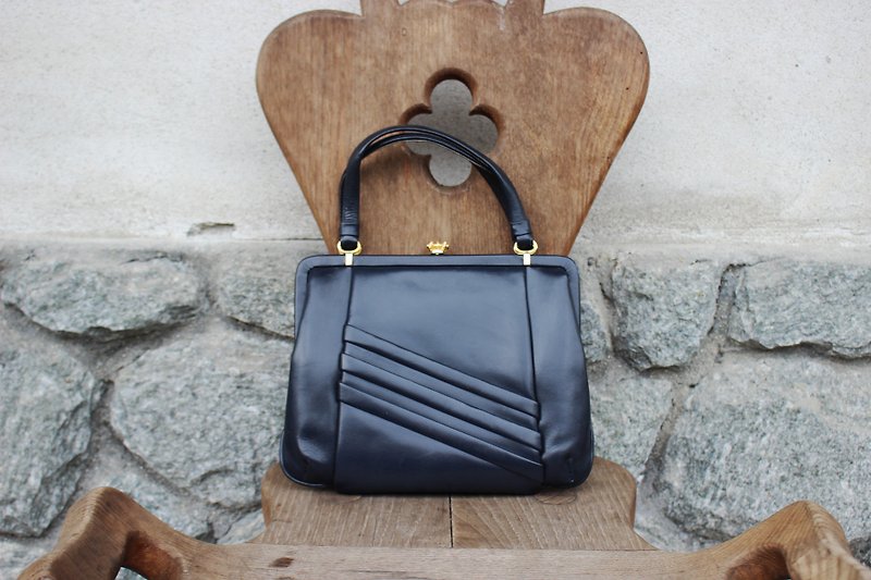 (Made in Italy) (Vintage Leather Bag) Dark blue diagonal embossed design elegant handbag B188 (birthday gift Valentine's Day gift) - Handbags & Totes - Genuine Leather Blue