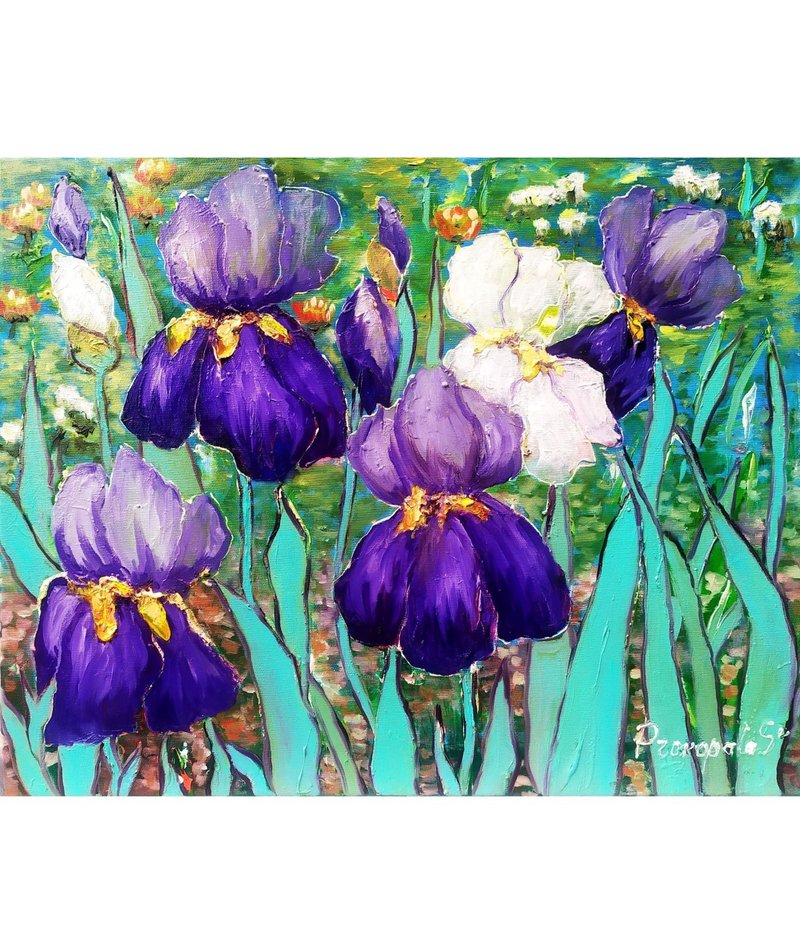 Iris Painting Flower Original Art Floral Wall Art Pink Peonies Art16x20 inches - 壁貼/牆壁裝飾 - 其他材質 紫色