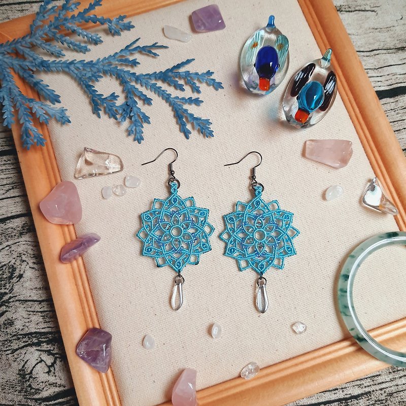 E054-Hand-woven mandala flower series earrings - Earrings & Clip-ons - Nylon Blue