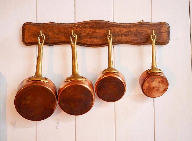 英國典藏1950年代紅銅醬料鍋四件組 含壁掛木架 - 鍋子/烤盤 - 其他金屬 