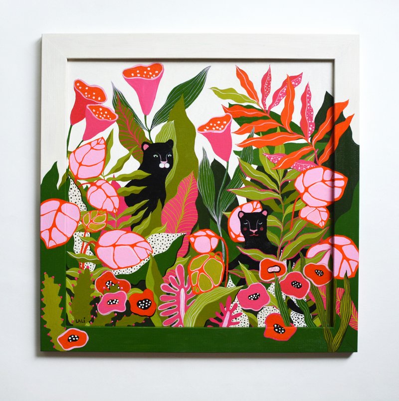 黑色美洲虎原創丙烯畫 30x30cm + 畫框 黑豹叢林藝術 - 插畫/繪畫/寫字 - 其他材質 綠色