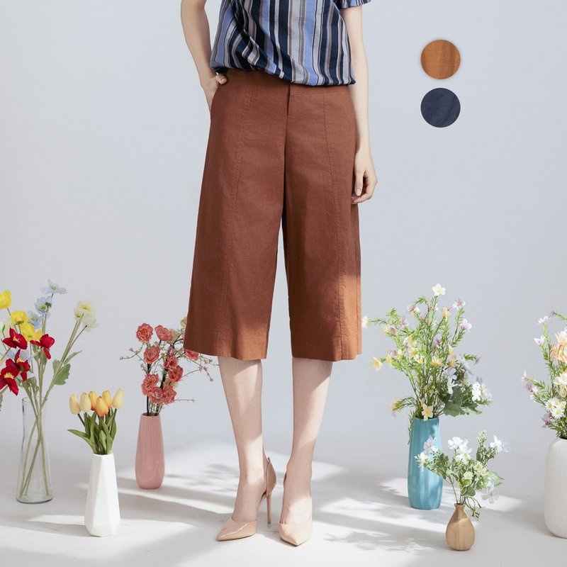 【MEDUSA】夏日經典切接亞麻休閒寬褲 - 2色(M-XL) | 女寬褲 - 女長褲 - 棉．麻 咖啡色