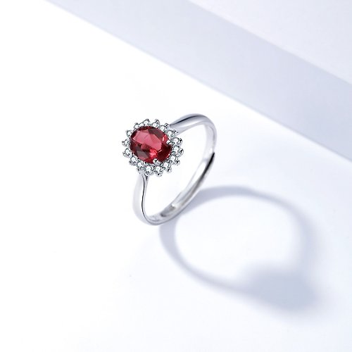 Pink Laboratory 粉紅製造 石榴石925純銀戒指 | 天然石925純銀鍍白金可調節戒指
