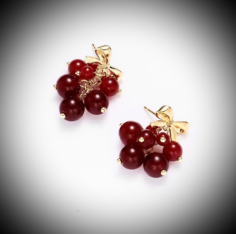 C&W s925 sterling silver 14k gold cute three-dimensional elegant bow wine red Stone cluster earrings - Earrings & Clip-ons - Sterling Silver Gold