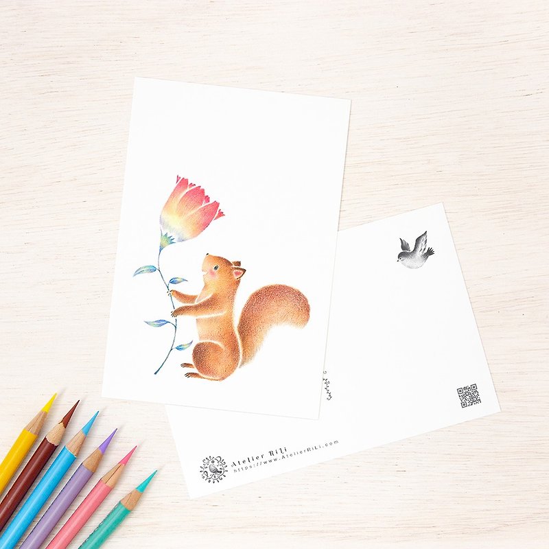 Set of 5 pieces. Like a picture book. Postcard "Squirrel Tete and Flowers" PC-334 - Cards & Postcards - Paper Orange