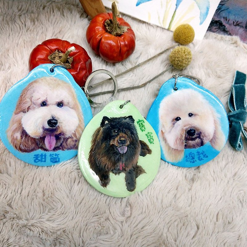 Customized pet wood key ring (large) hand-painted key ring pet portrait - Collars & Leashes - Wood 