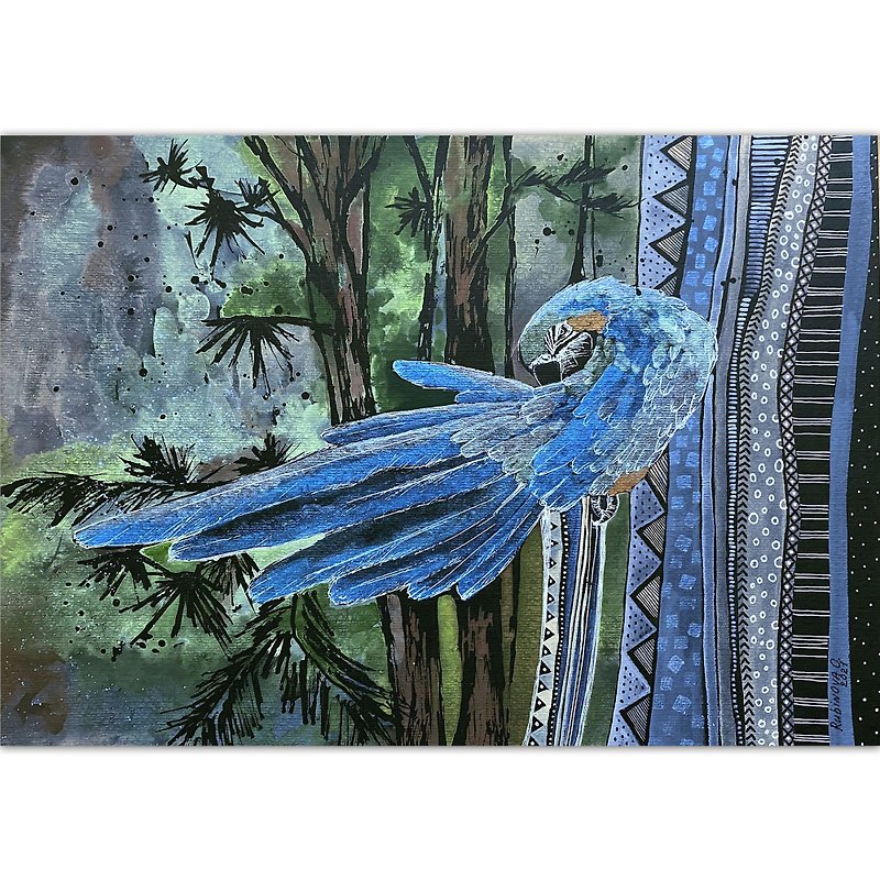 Parrot painting Bird Original art Blue macaw artwork Tropical wall art - Posters - Paper Blue