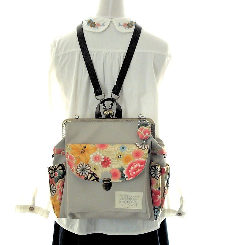 3 WAY back pocket & right zipper attaching backpack full set Japanese pattern Wh - 後背包/書包 - 真皮 灰色