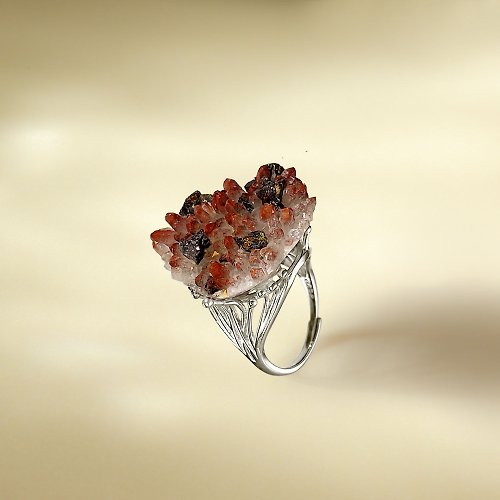 WANZAMGOK 紅水晶共生金屬礦 活口戒指 隨形原石標本 晶簇手工指環 S925銀