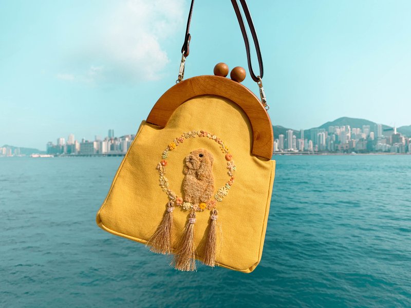 刺繡兔兔捕夢網口金包 | 兔兔, 黃色 - 側背包/斜背包 - 繡線 黃色