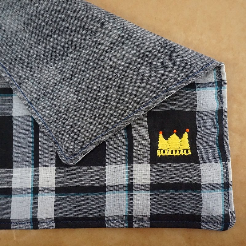 Hand embroidered quadruple gauze handkerchief "Crown 2" - Handkerchiefs & Pocket Squares - Thread Black