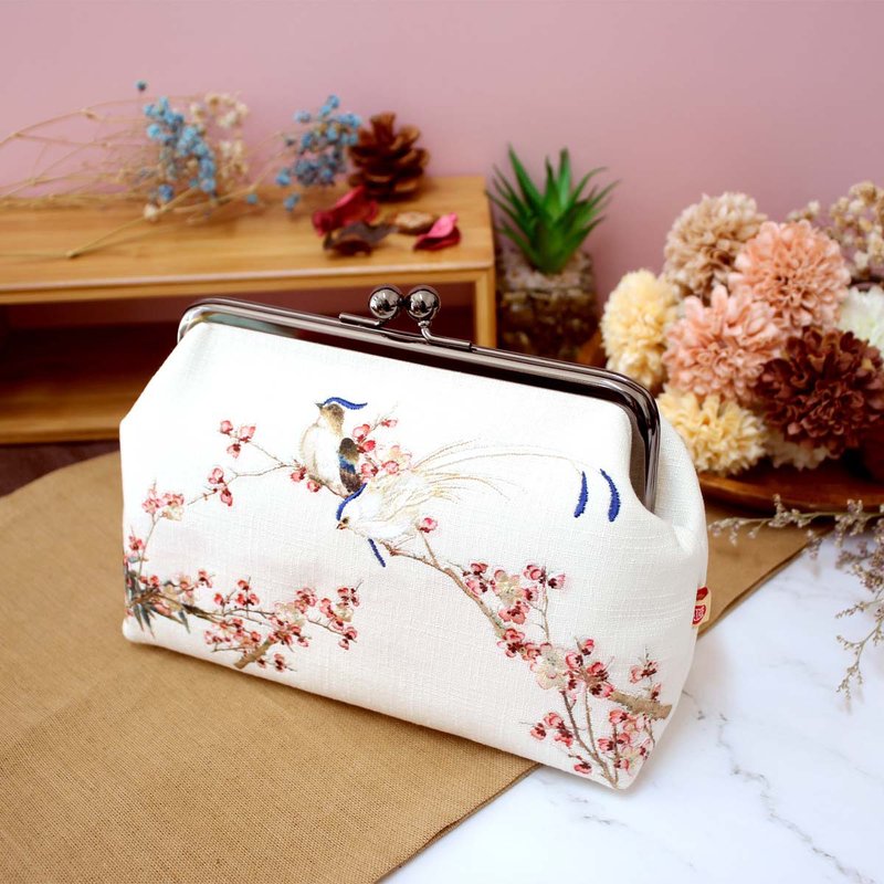 Red Plum Bamboo Shou Embroidered Cosmetic Bag - Toiletry Bags & Pouches - Cotton & Hemp 