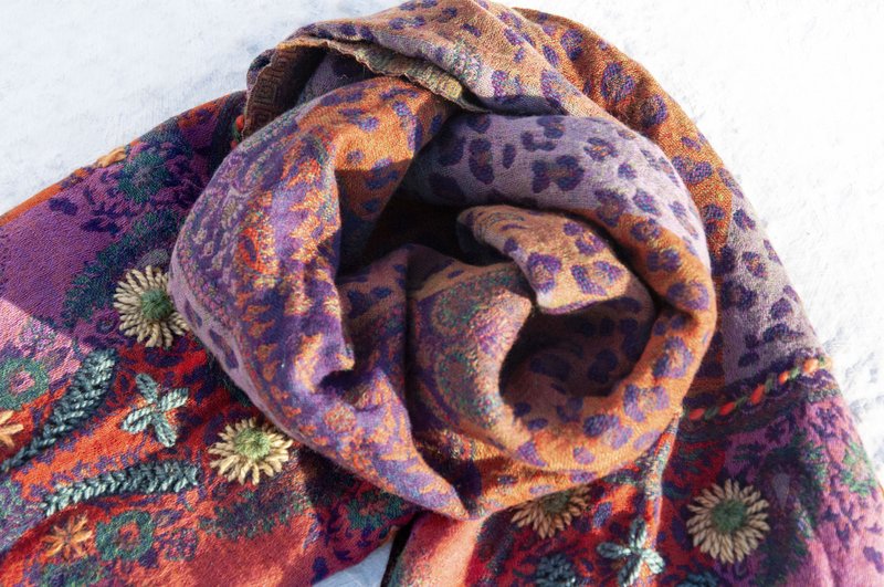 Cashmere Embroidered Wool Shawl Knitted Scarf Embroidered Scarf Kashmir-Flowers - Knit Scarves & Wraps - Wool Multicolor