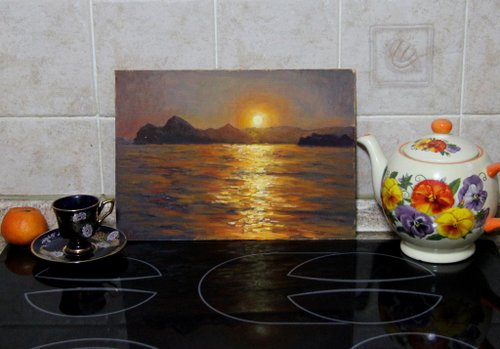 手描き風景画 海と山の風景 265/[Ishigaki] Sunset🌇From a hill overlooking the emerald