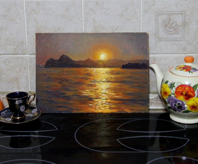 夕焼けの風景画 オリジナル海ビーチアート 山のアートワーク