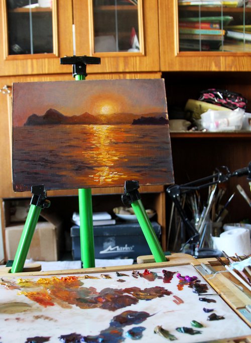 夕焼けの風景画 オリジナル海ビーチアート 山のアートワーク