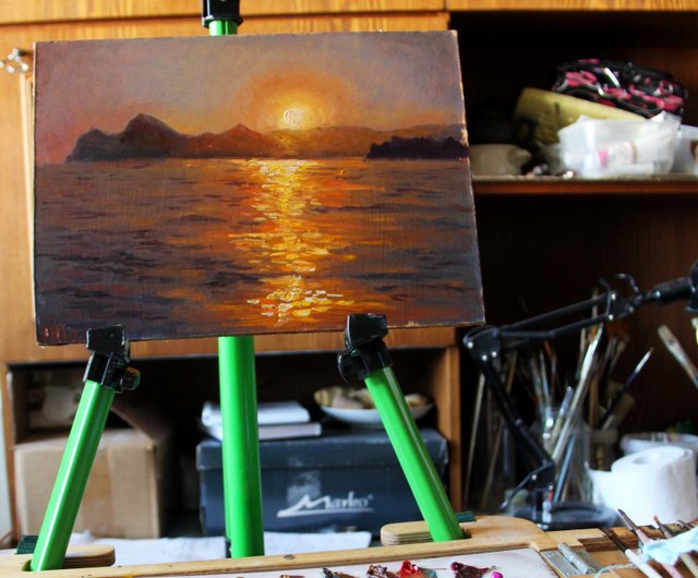 夕焼けの風景画 オリジナル海ビーチアート 山のアートワーク