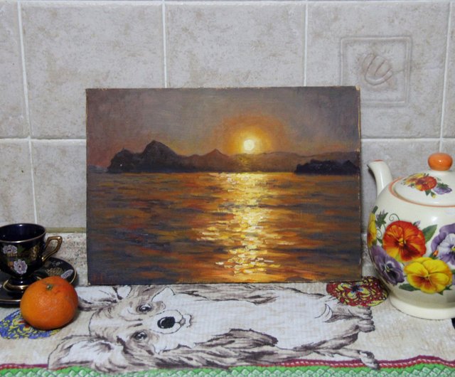 夕焼けの風景画 オリジナル海ビーチアート 山のアートワーク