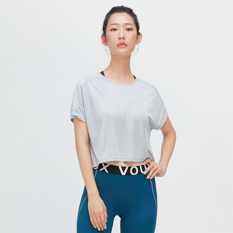 抗菌短版落肩速乾上衣(女)-白楊灰 - 女 T 恤 - 聚酯纖維 灰色